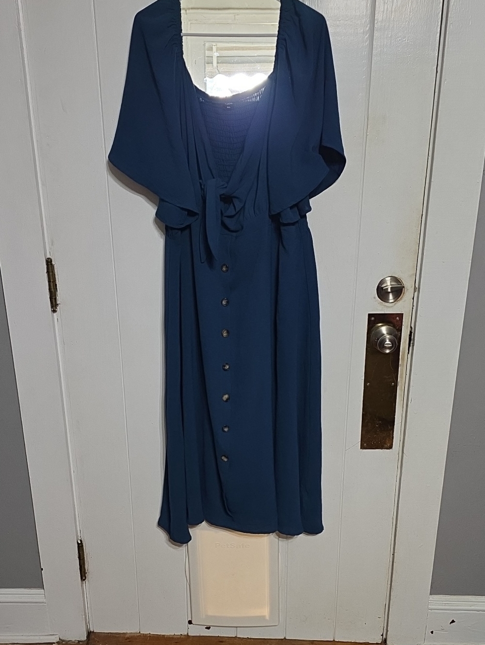 SComChic Women's Maxi Dress Dark Teal Smocked Tie Front Buttons Flowy Sz 4XL EUC